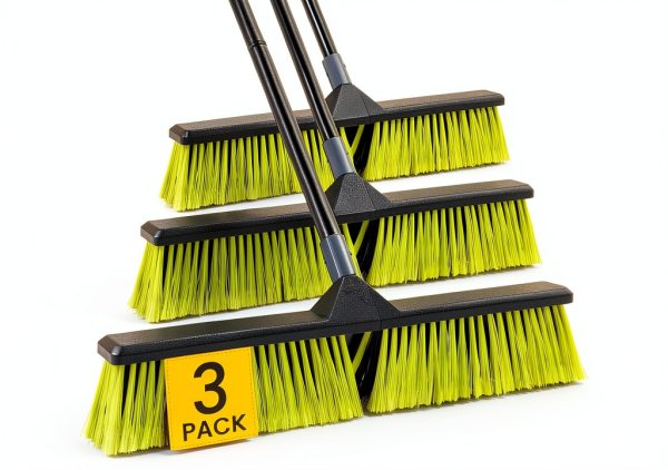 3 PK 24" Push Broom Outdoor, Heavy Duty Broom with 63" Long Handle, Shop Garage Broom with Stiff Bristle for Indoor Outdoor Floor Cleaning, Garden Patio Deck Warehouse Lawn Driveway Scrubbing-0