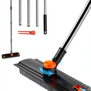 3 in 1 Floor Scrub Brush,Floor Scrubber with Squeegee and Tweezer, Push Broom with Long Handle,Heavy-Duty Stiff 90° Bristle Broom for Patio,Shower, Garage,Deck,Tile, Concrete & Wood Surface-0