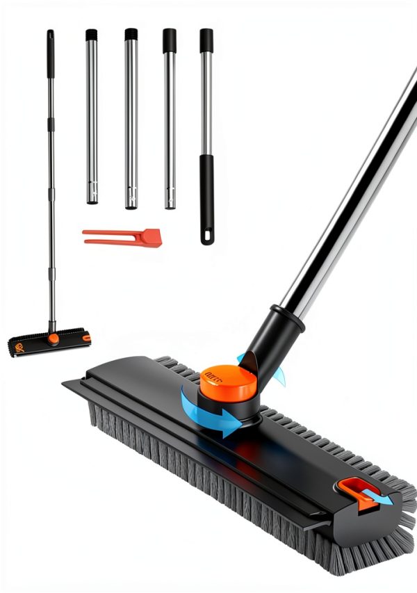 3 in 1 Floor Scrub Brush,Floor Scrubber with Squeegee and Tweezer, Push Broom with Long Handle,Heavy-Duty Stiff 90° Bristle Broom for Patio,Shower, Garage,Deck,Tile, Concrete & Wood Surface-0