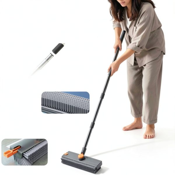 3 in 1 Floor Scrub Brush,Floor Scrubber with Squeegee and Tweezer, Push Broom with Long Handle,Heavy-Duty Stiff 90° Bristle Broom for Patio,Shower, Garage,Deck,Tile, Concrete & Wood Surface-2