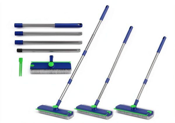 Floor Scrub Brush with Long Handle: 3 in 1 Heavy-Duty Floor Scrubber Brush with Squeegee for Cleaning Tile Bathroom Deck Kitchen Patio-2